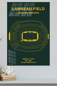 Lambeau Field Stadium Blueprint metal wall art displayed in a modern interior