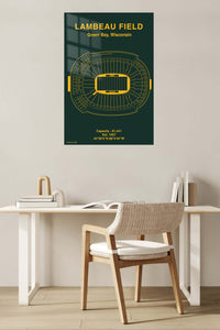 Lambeau Field Stadium Blueprint metal wall art displayed in a contemporary living space