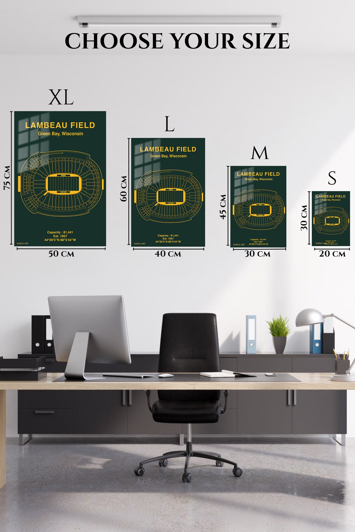 EMESA metal wall art size comparison guide for Lambeau Field Stadium Blueprint