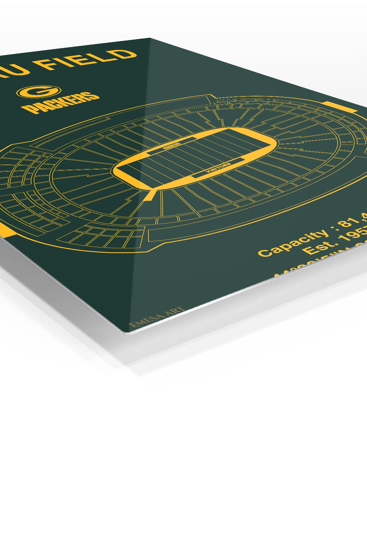 Lambeau Field Stadium Blueprint premium metal wall art – angled view