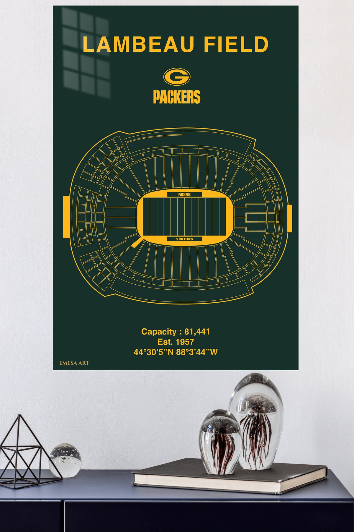 Lambeau Field Stadium Blueprint metal wall art displayed in a modern interior