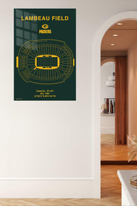 Lambeau Field Stadium Blueprint metal wall art displayed in a contemporary living space