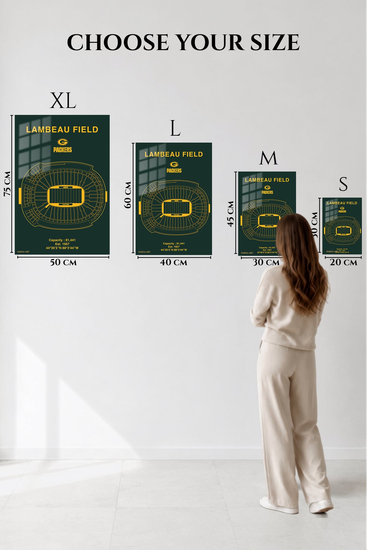 EMESA metal wall art size comparison guide for Lambeau Field Stadium Blueprint