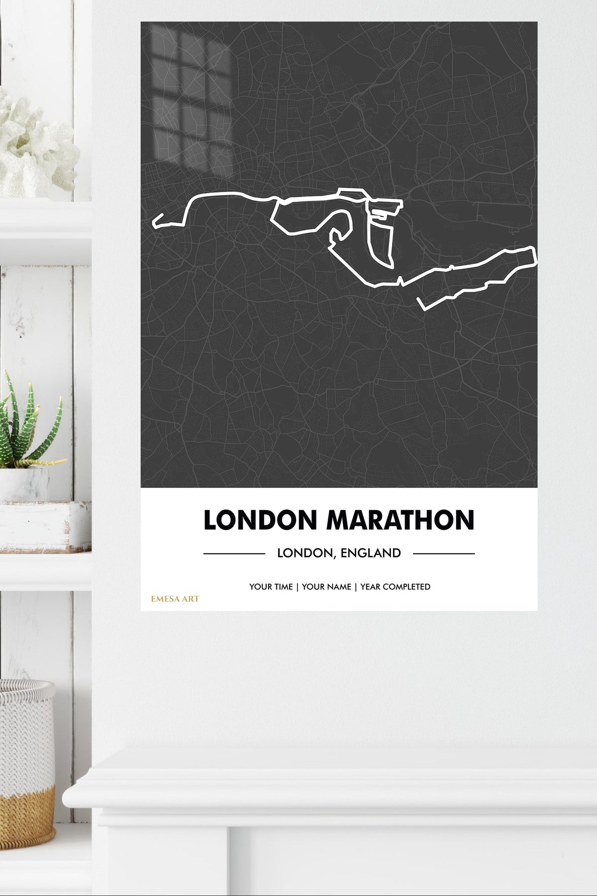 London Marathon Route Map metal wall art displayed in a modern interior