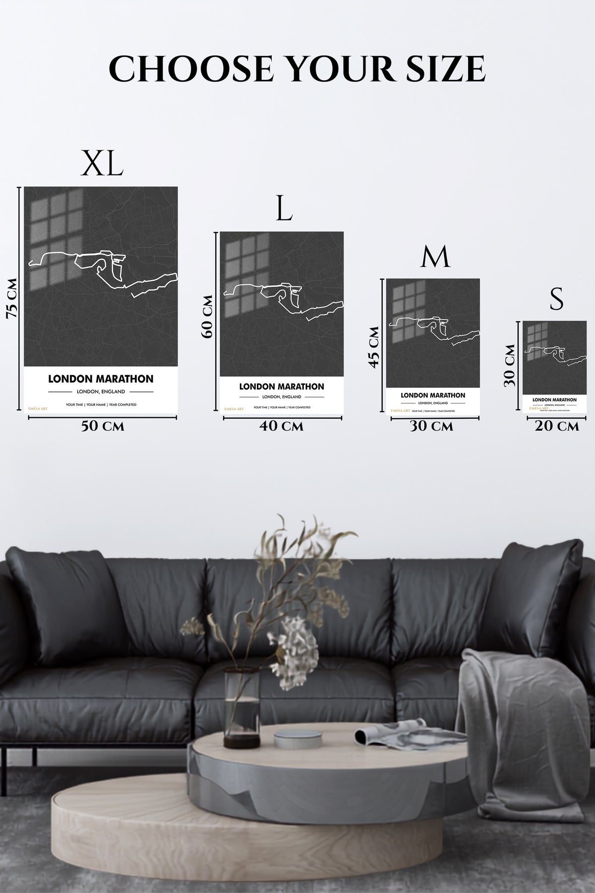 EMESA metal wall art size comparison guide for London Marathon Route Map