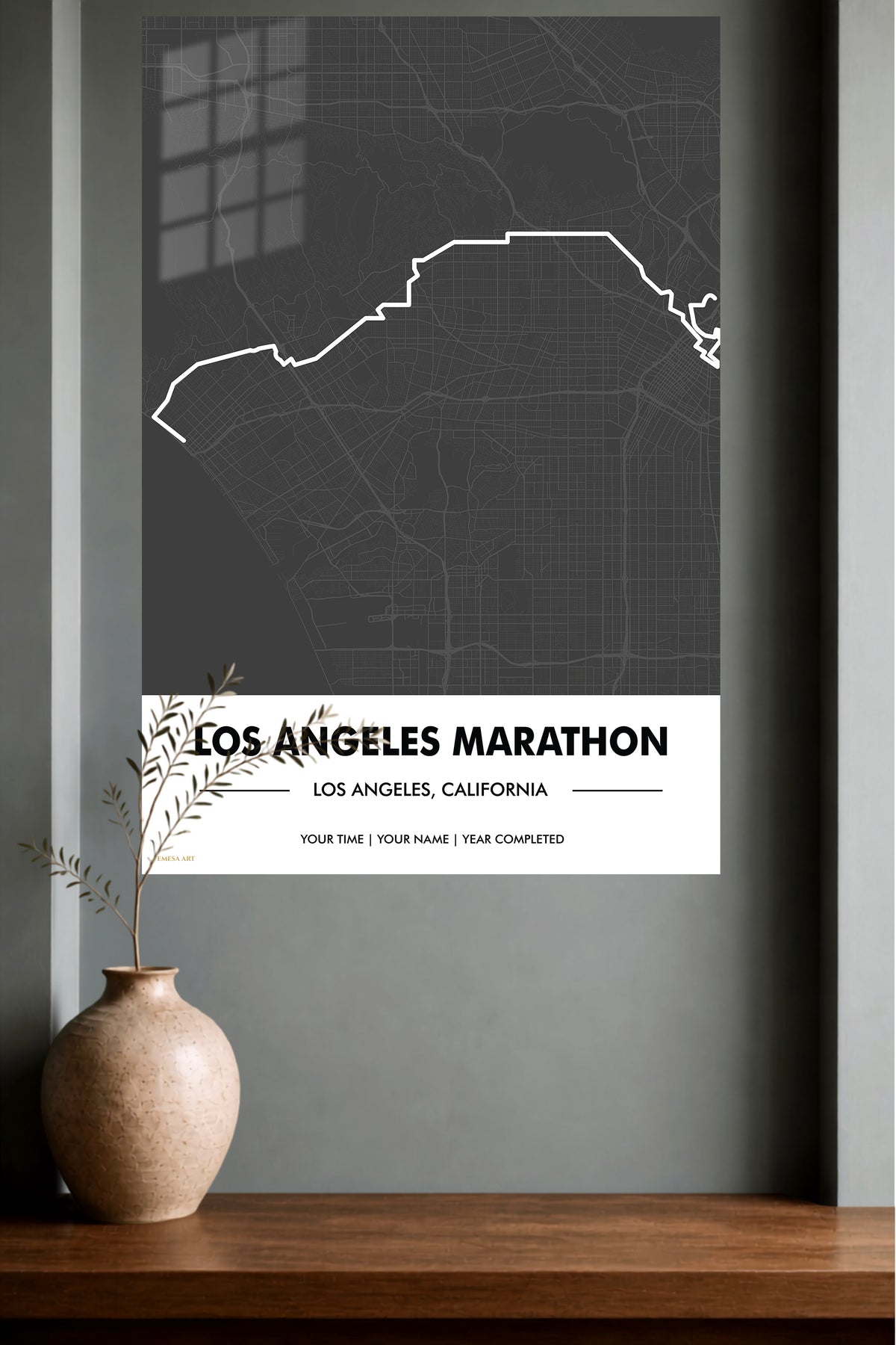Los Angeles Marathon Route Map metal wall art displayed in a modern interior