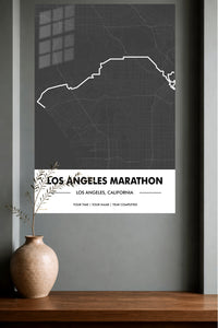 Los Angeles Marathon Route Map metal wall art displayed in a modern interior