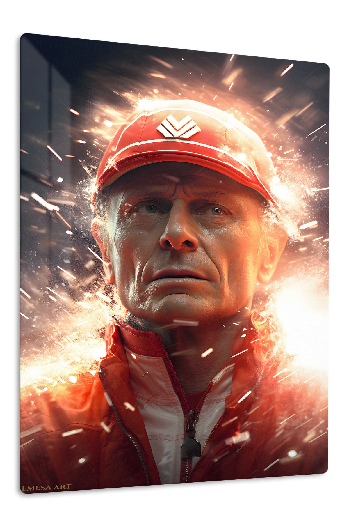 Red Cap Racer in Sparks premium metal wall art – front view