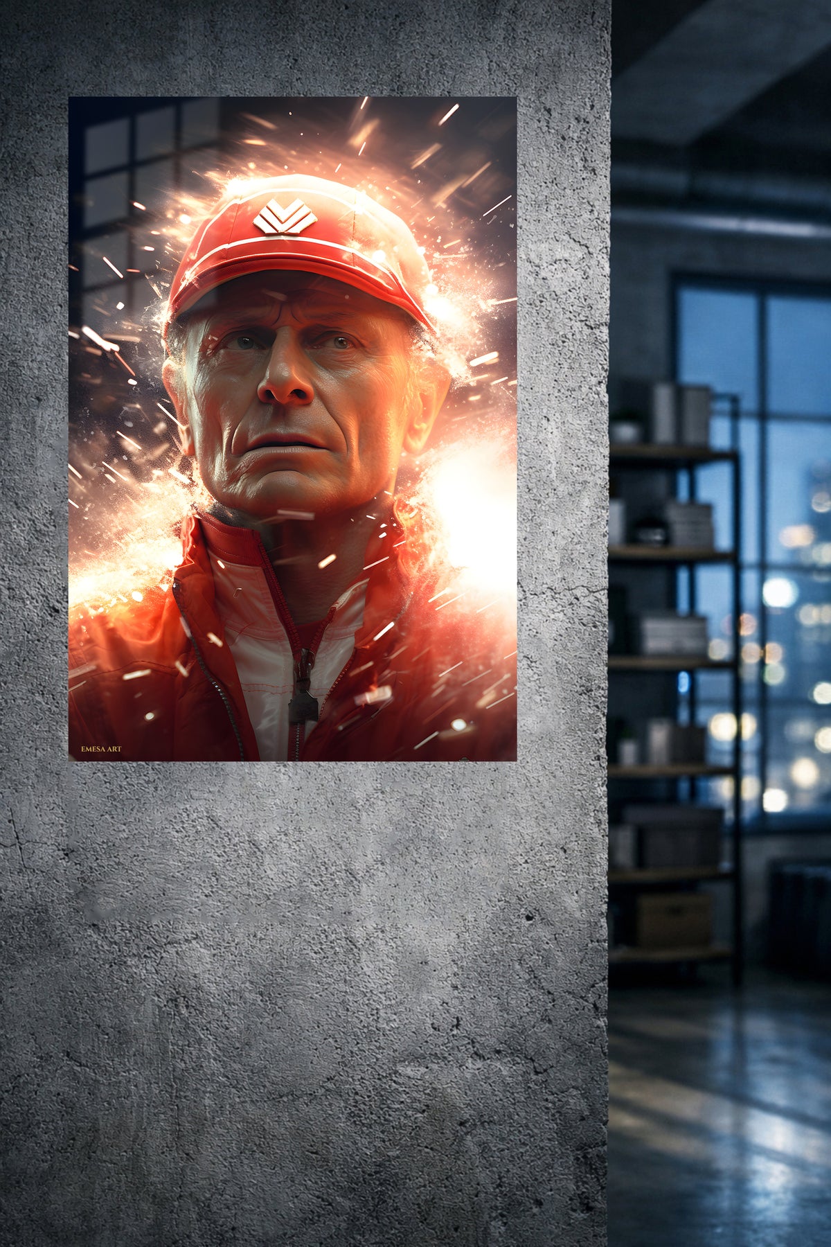 Red Cap Racer in Sparks metal wall art displayed in a modern interior