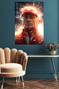 Red Cap Racer in Sparks metal wall art displayed in a contemporary living space