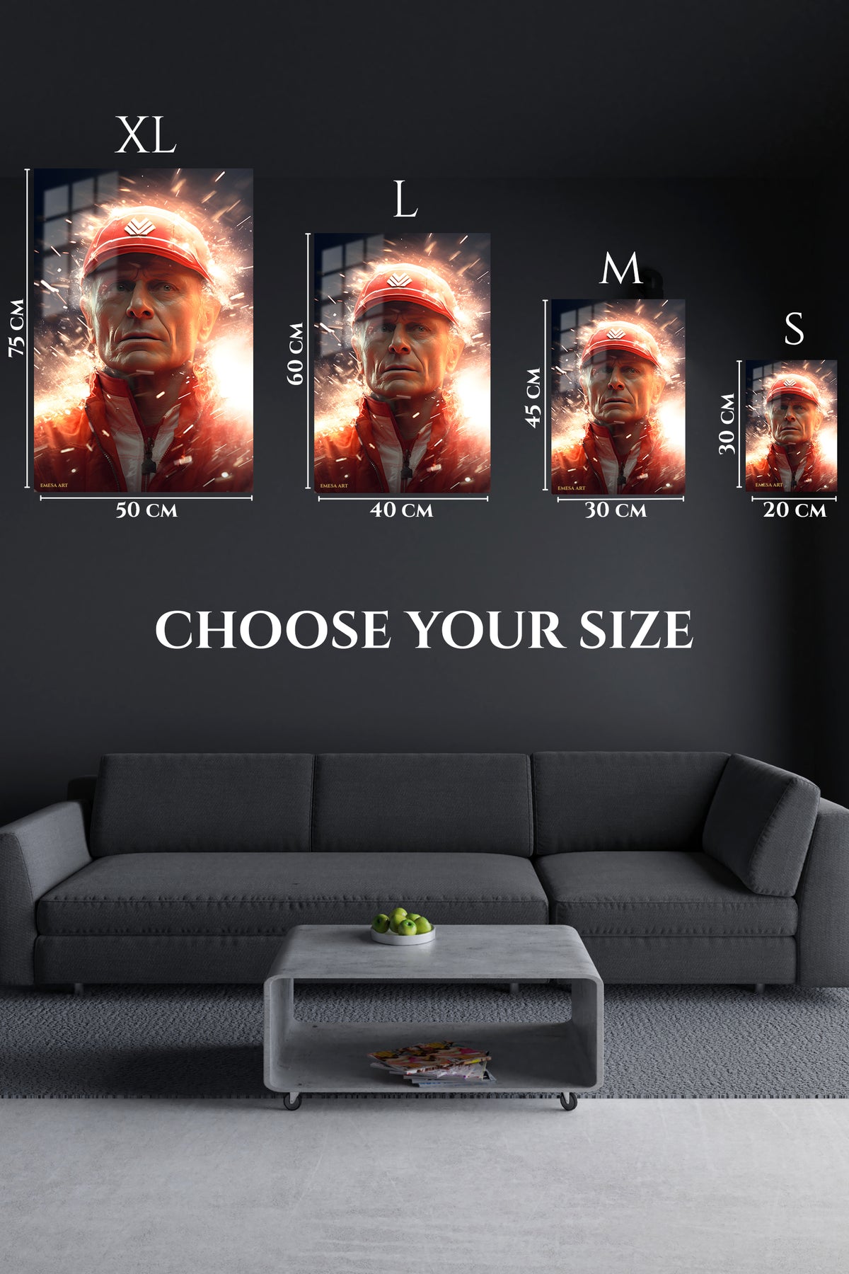 EMESA metal wall art size comparison guide for Red Cap Racer in Sparks
