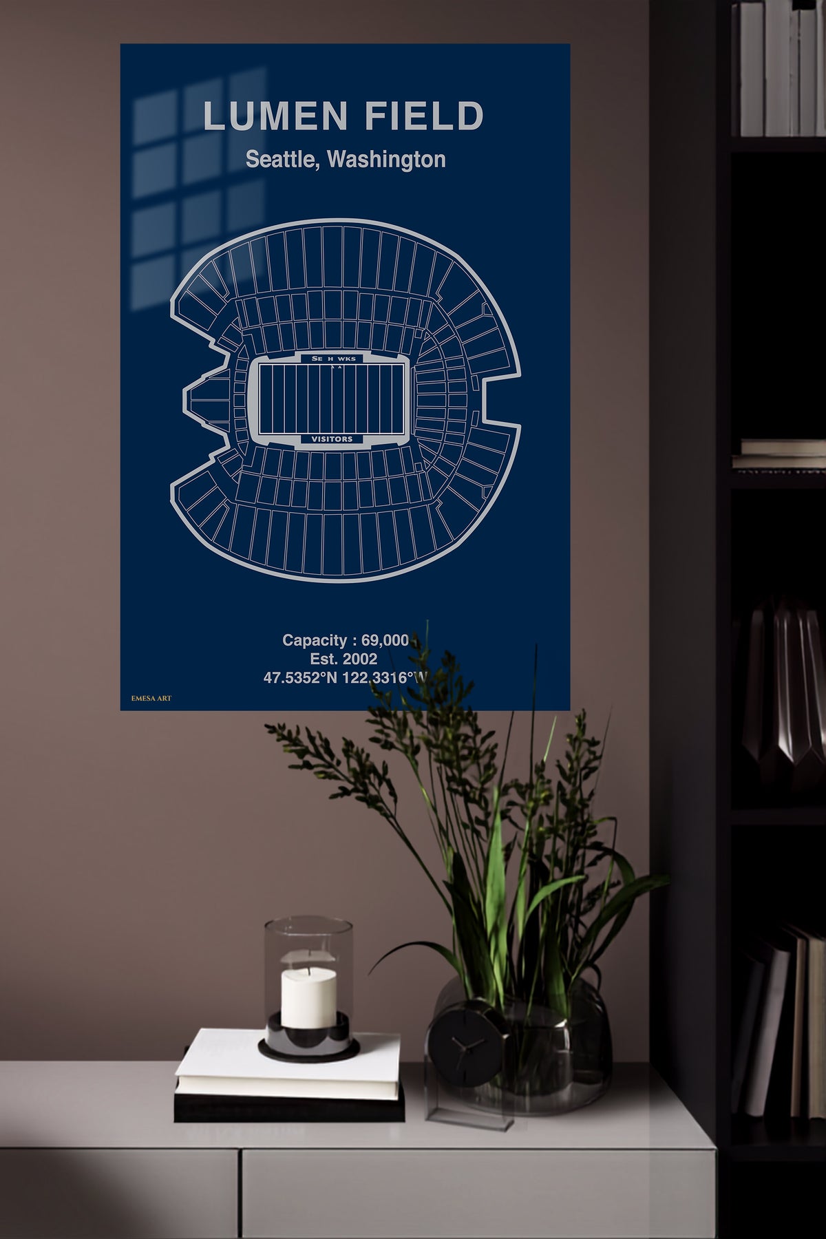 Lumen Field Seating Map metal wall art displayed in a modern interior