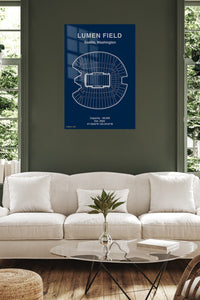 Lumen Field Seating Map metal wall art displayed in a contemporary living space