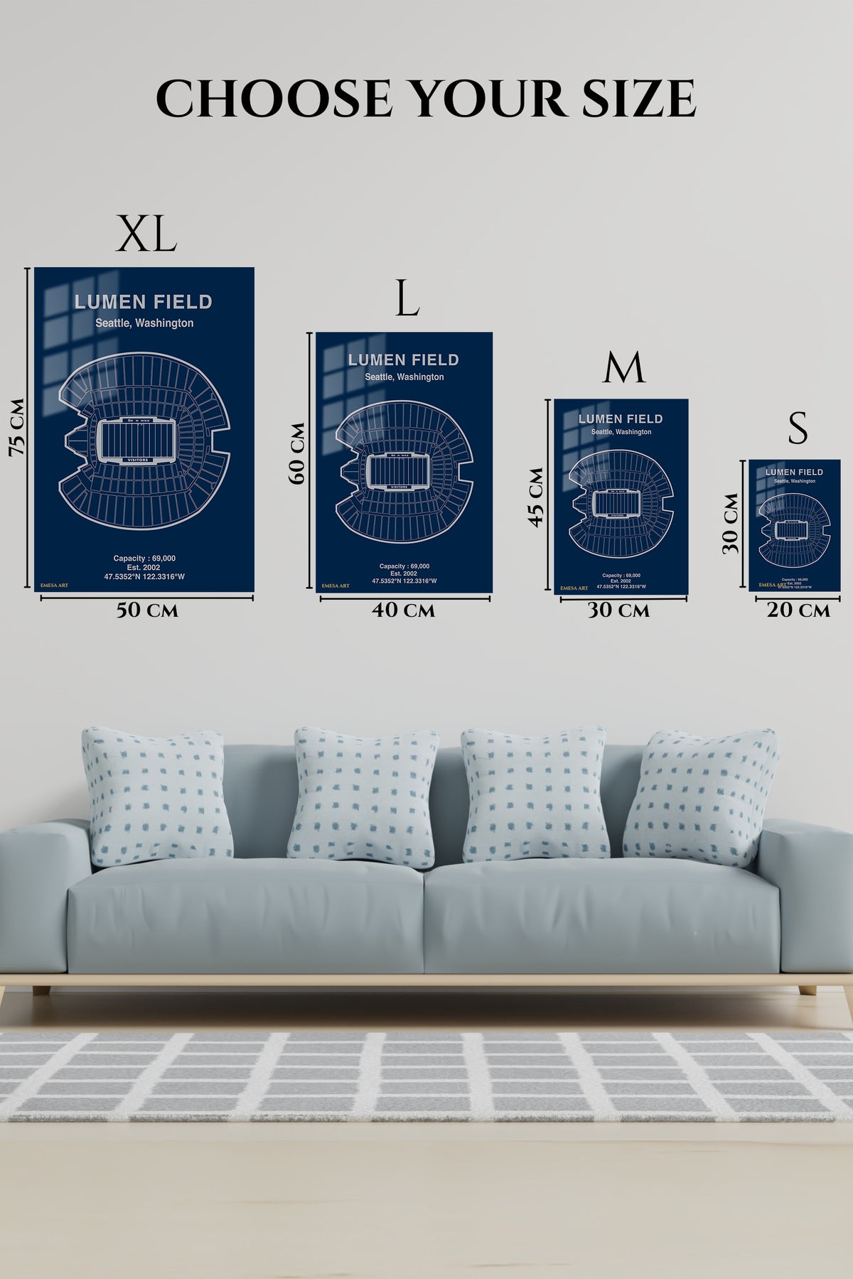 EMESA metal wall art size comparison guide for Lumen Field Seating Map