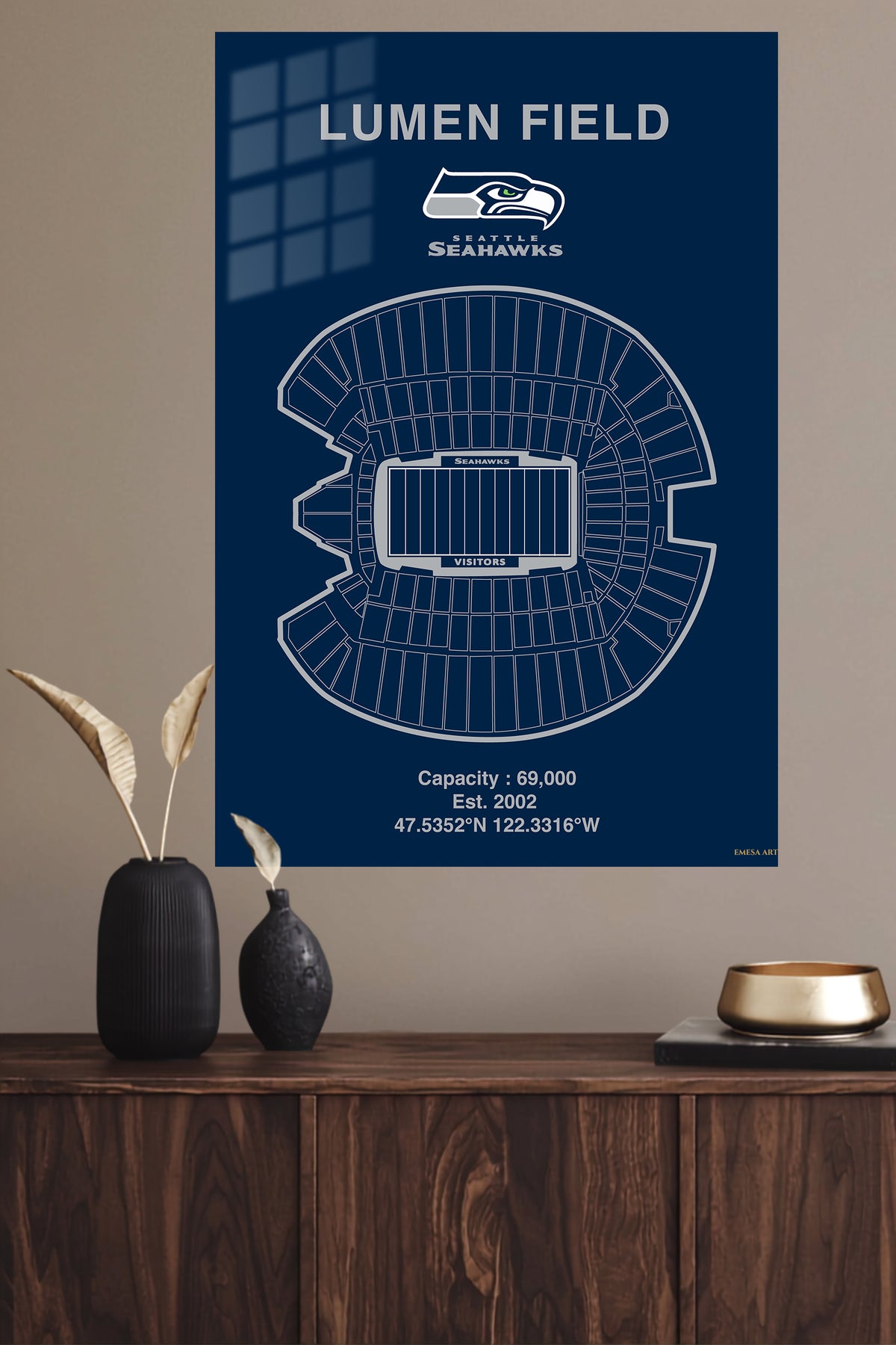Lumen Field Stadium Blueprint metal wall art displayed in a modern interior