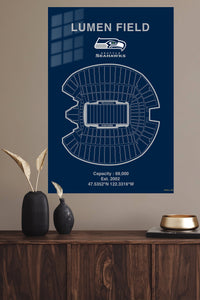Lumen Field Stadium Blueprint metal wall art displayed in a modern interior