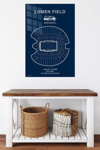 Lumen Field Stadium Blueprint metal wall art displayed in a contemporary living space