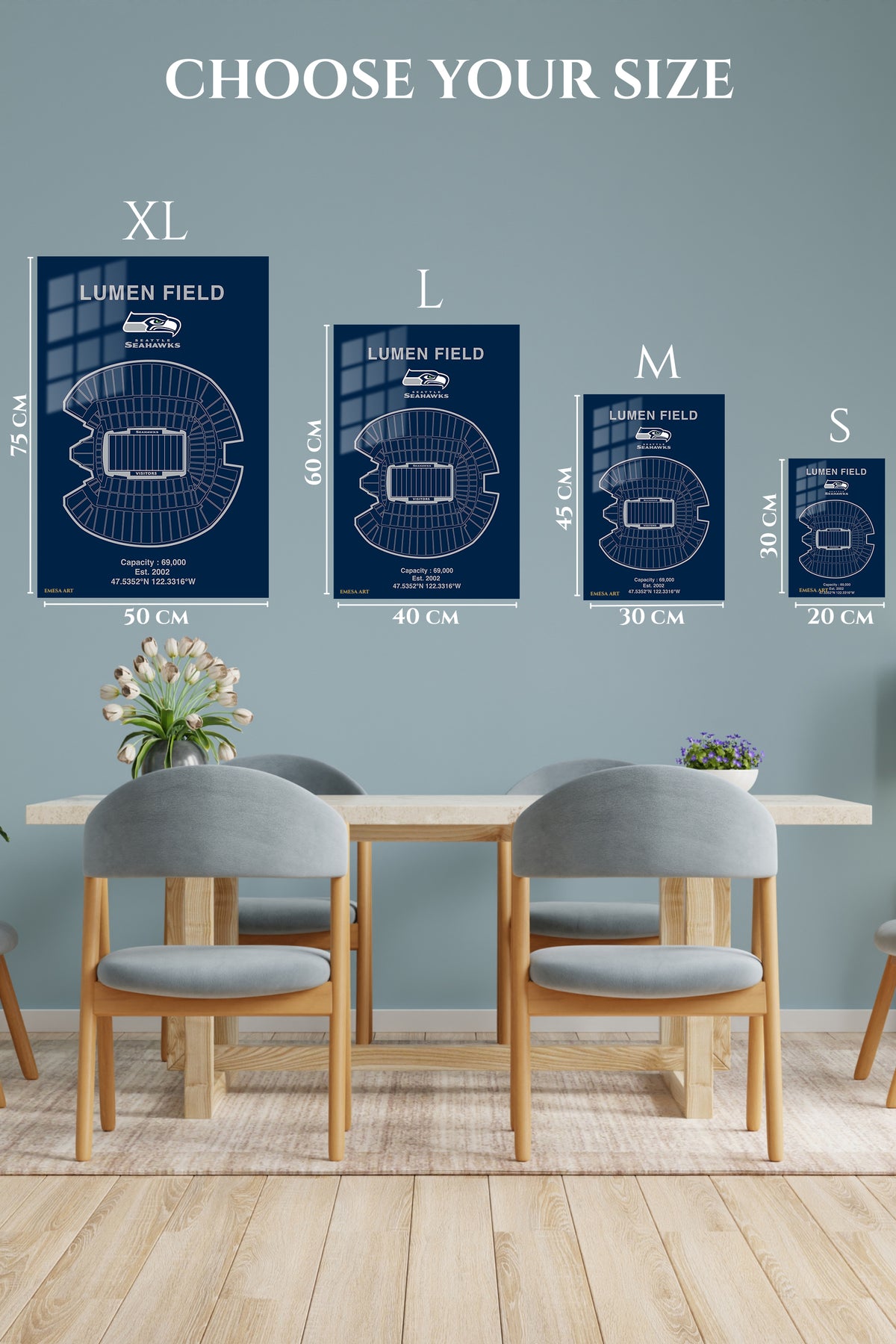 EMESA metal wall art size comparison guide for Lumen Field Stadium Blueprint