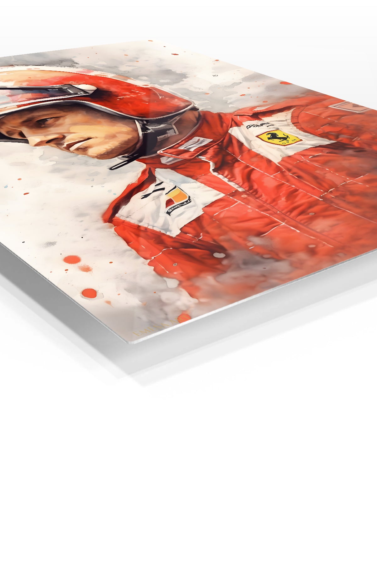 Red Helmet Racing Driver Portrait premium metal wall art – angled view