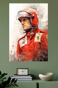 Red Helmet Racing Driver Portrait metal wall art displayed in a modern interior