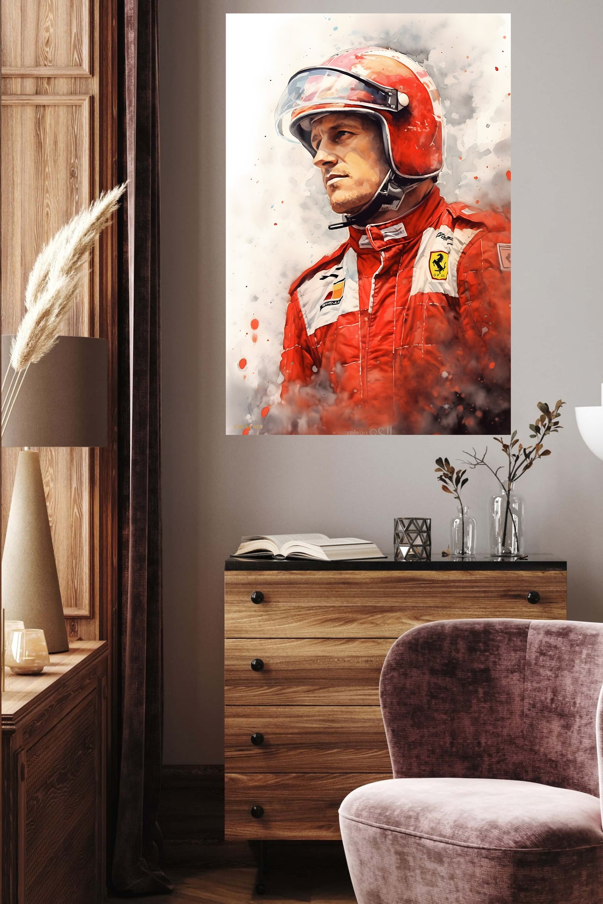 Red Helmet Racing Driver Portrait metal wall art displayed in a contemporary living space