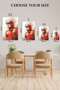 EMESA metal wall art size comparison guide for Red Helmet Racing Driver Portrait