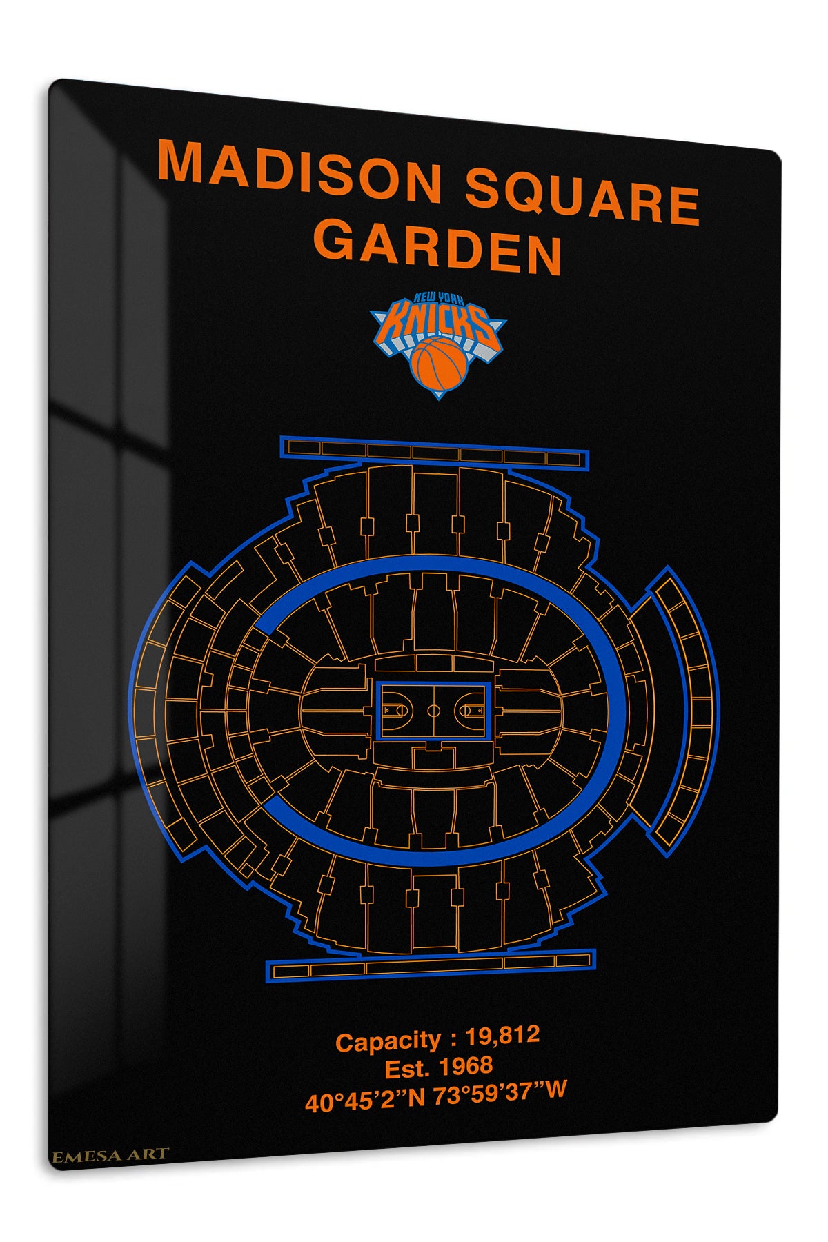 Madison Square Garden Knicks Arena Blueprint premium metal wall art – front view