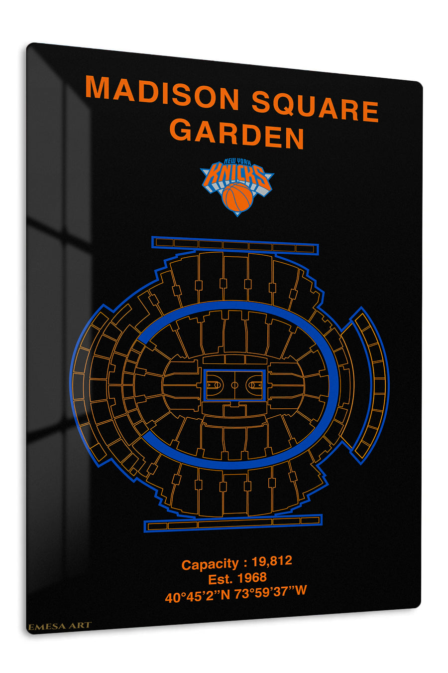 Madison Square Garden Knicks Arena Blueprint premium metal wall art – front view