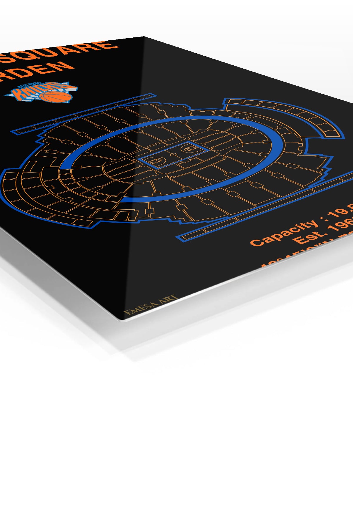 Madison Square Garden Knicks Arena Blueprint premium metal wall art – angled view