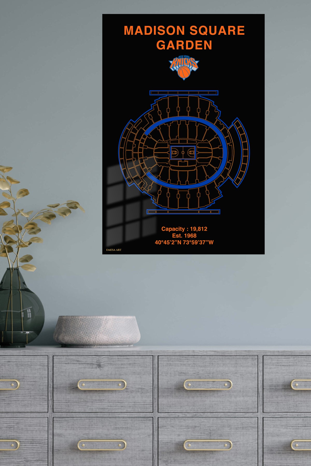 Madison Square Garden Knicks Arena Blueprint metal wall art displayed in a modern interior
