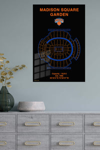 Madison Square Garden Knicks Arena Blueprint metal wall art displayed in a modern interior