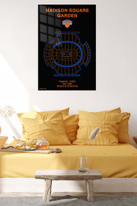 Madison Square Garden Knicks Arena Blueprint metal wall art displayed in a contemporary living space