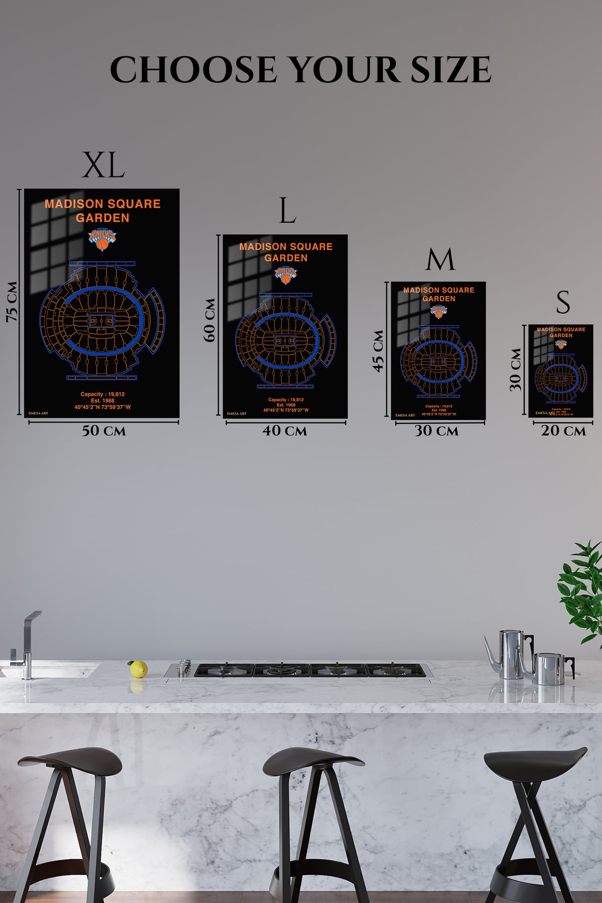EMESA metal wall art size comparison guide for Madison Square Garden Knicks Arena Blueprint