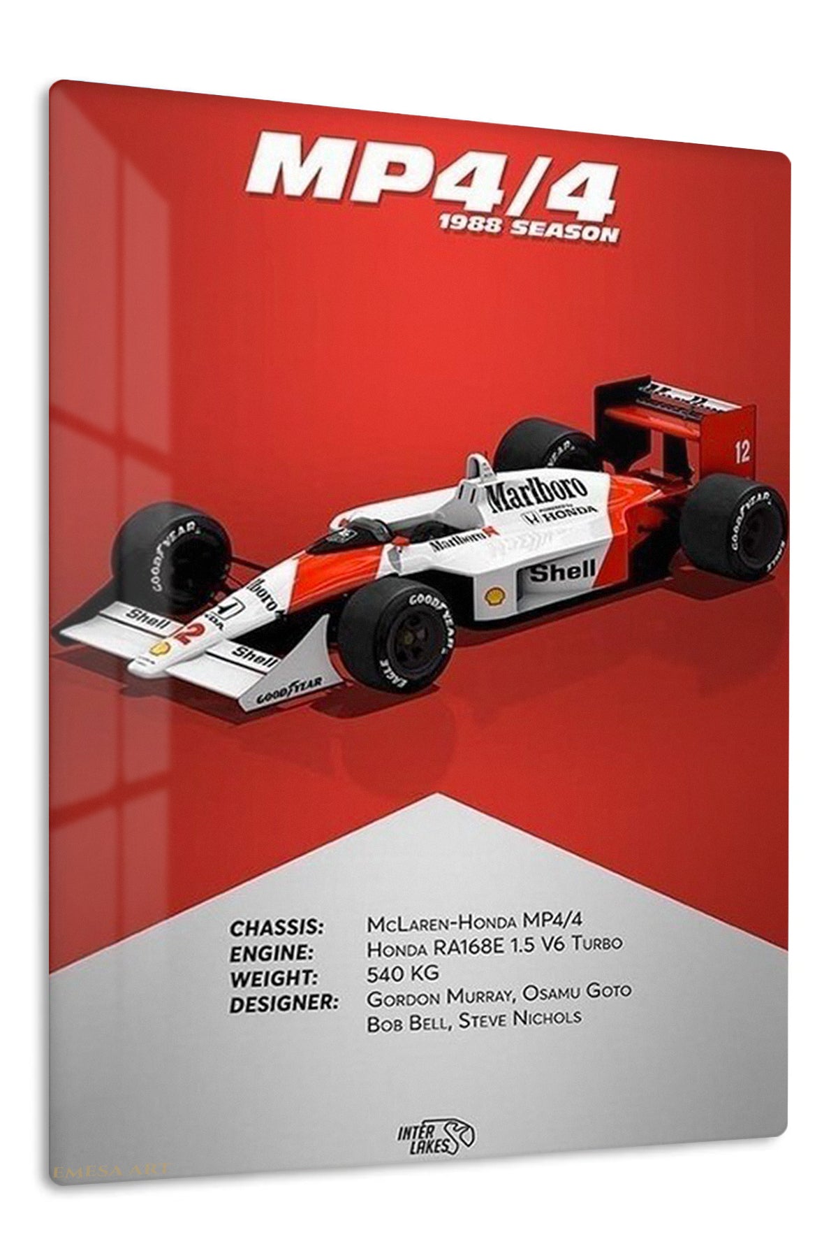 1988 MP4/4 Racing Car Specification Poster premium metal wall art – front view