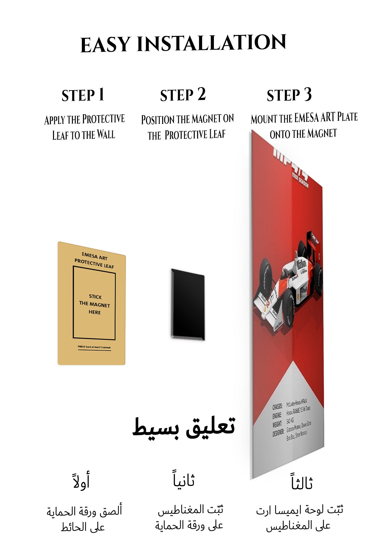 Magnetic mounting installation guide for 1988 MP4/4 Racing Car Specification Poster metal wall art