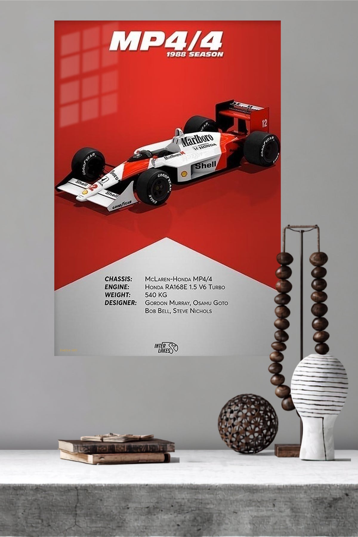1988 MP4/4 Racing Car Specification Poster metal wall art displayed in a modern interior