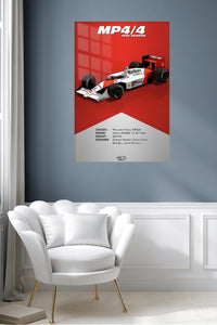 1988 MP4/4 Racing Car Specification Poster metal wall art displayed in a contemporary living space