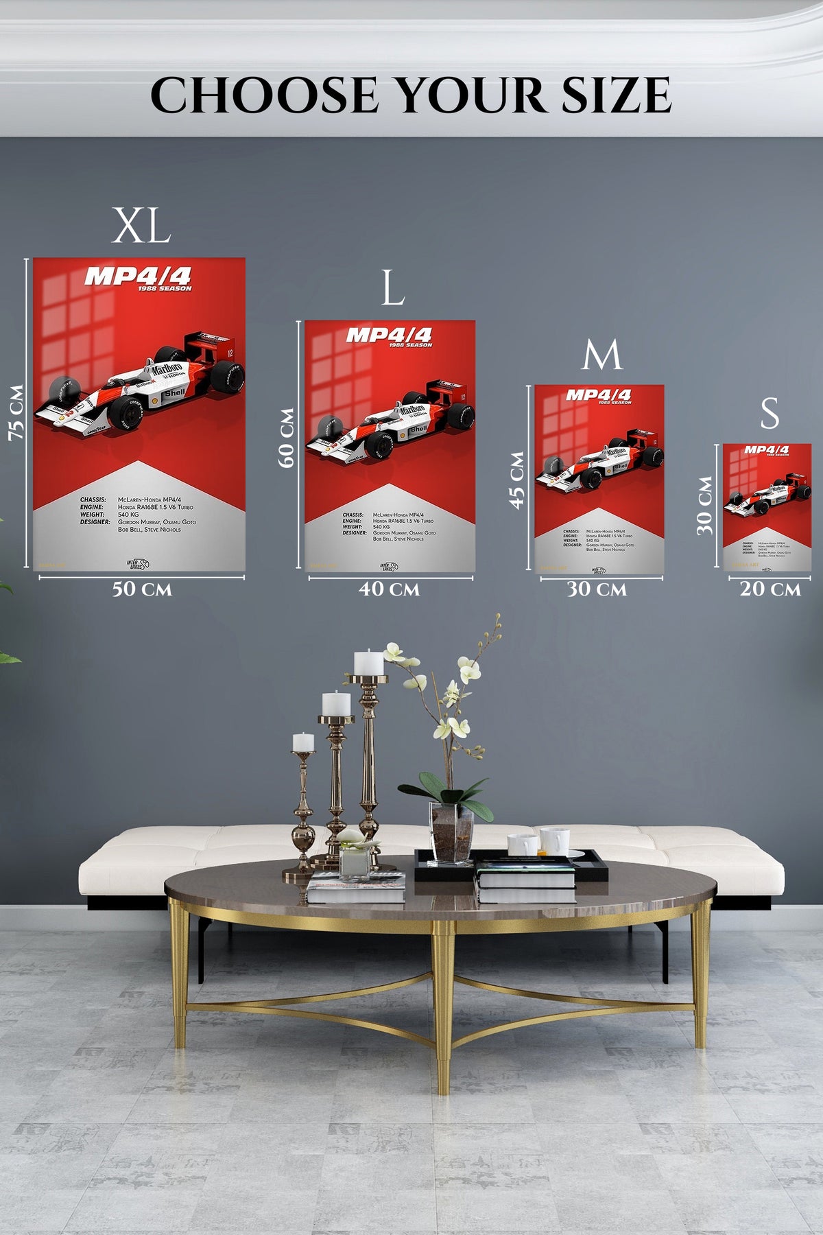 EMESA metal wall art size comparison guide for 1988 MP4/4 Racing Car Specification Poster