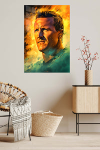 Fiery Braided Athlete Portrait metal wall art displayed in a contemporary living space