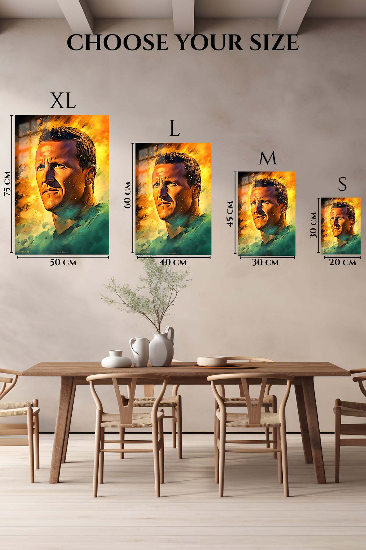EMESA metal wall art size comparison guide for Fiery Braided Athlete Portrait
