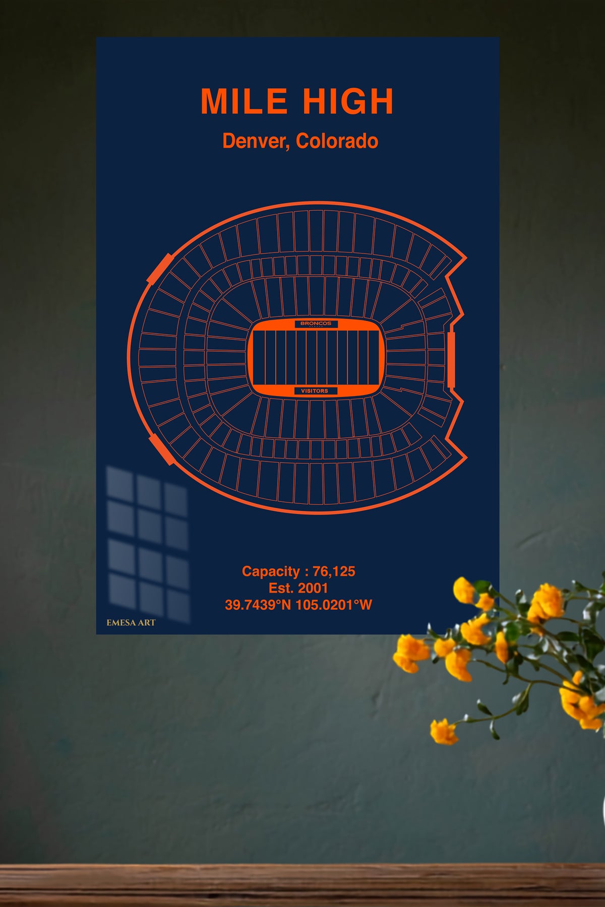 Mile High Denver Stadium Seating Chart metal wall art displayed in a modern interior