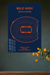 Mile High Denver Stadium Seating Chart metal wall art displayed in a modern interior