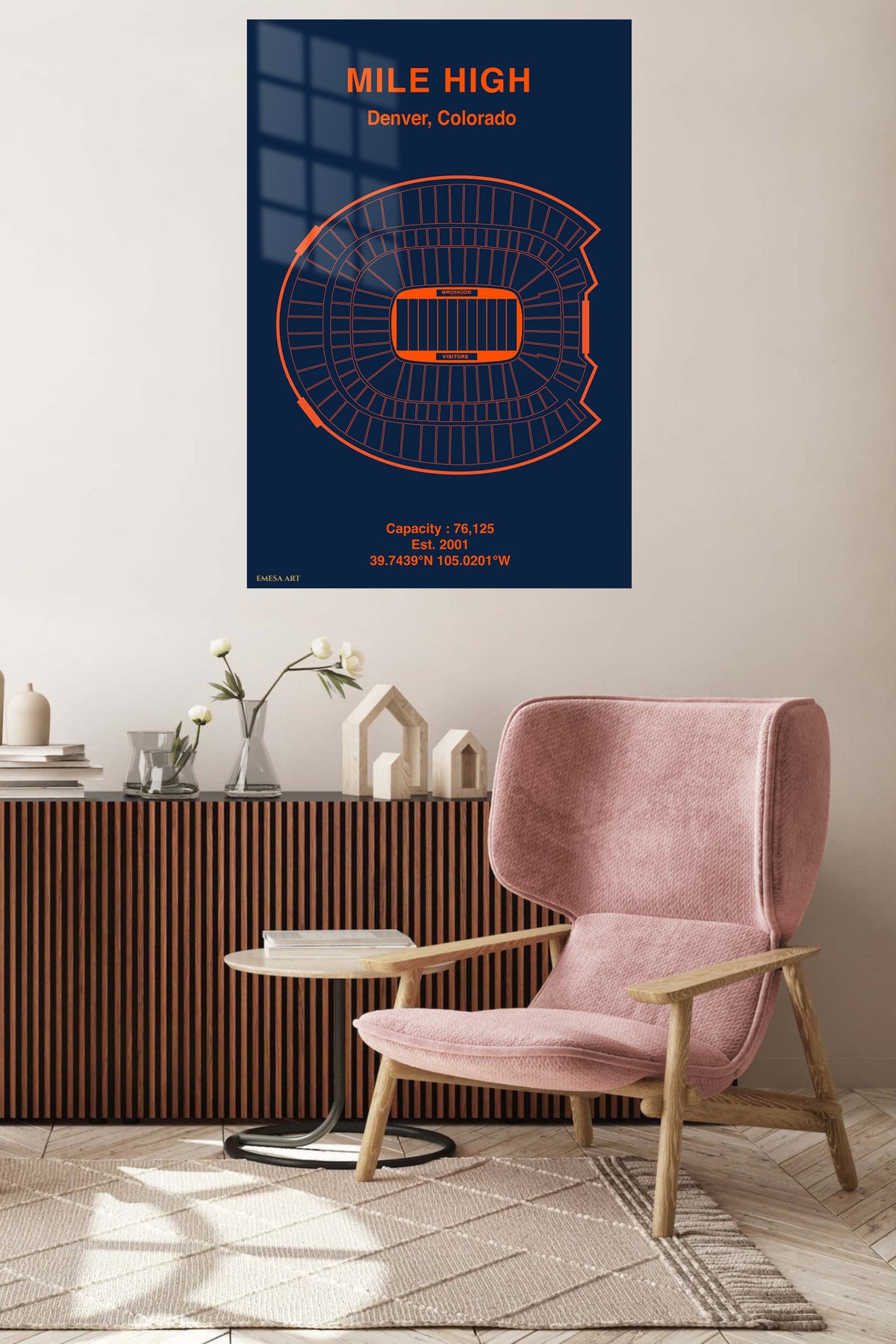 Mile High Denver Stadium Seating Chart metal wall art displayed in a contemporary living space
