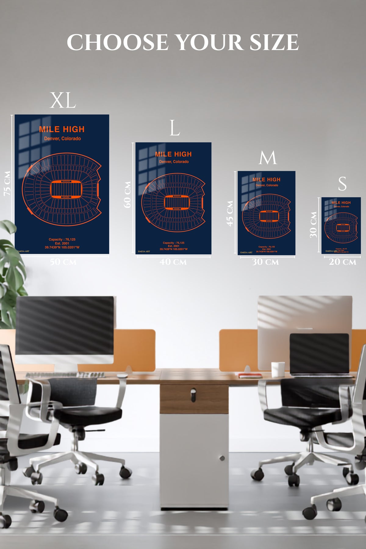 EMESA metal wall art size comparison guide for Mile High Denver Stadium Seating Chart