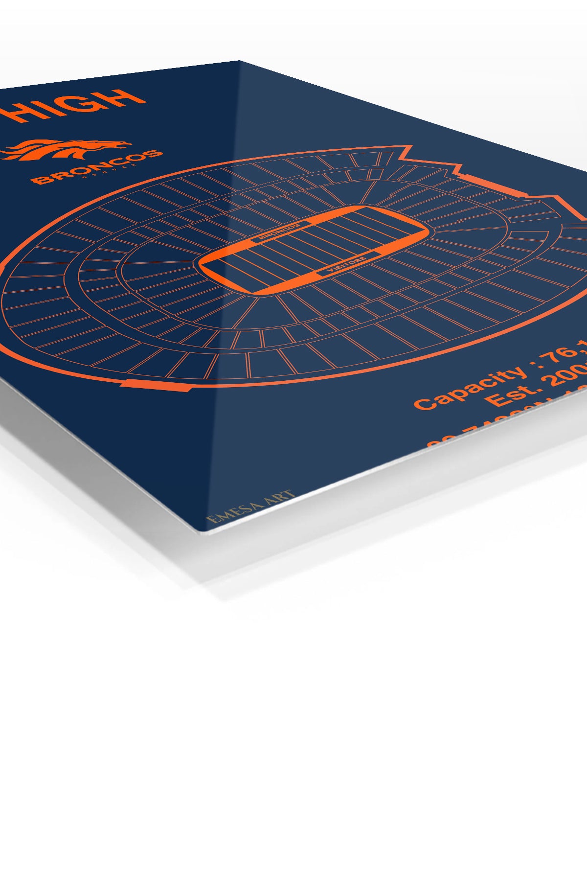Mile High Broncos Stadium Diagram premium metal wall art – angled view