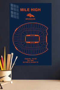 Mile High Broncos Stadium Diagram metal wall art displayed in a modern interior