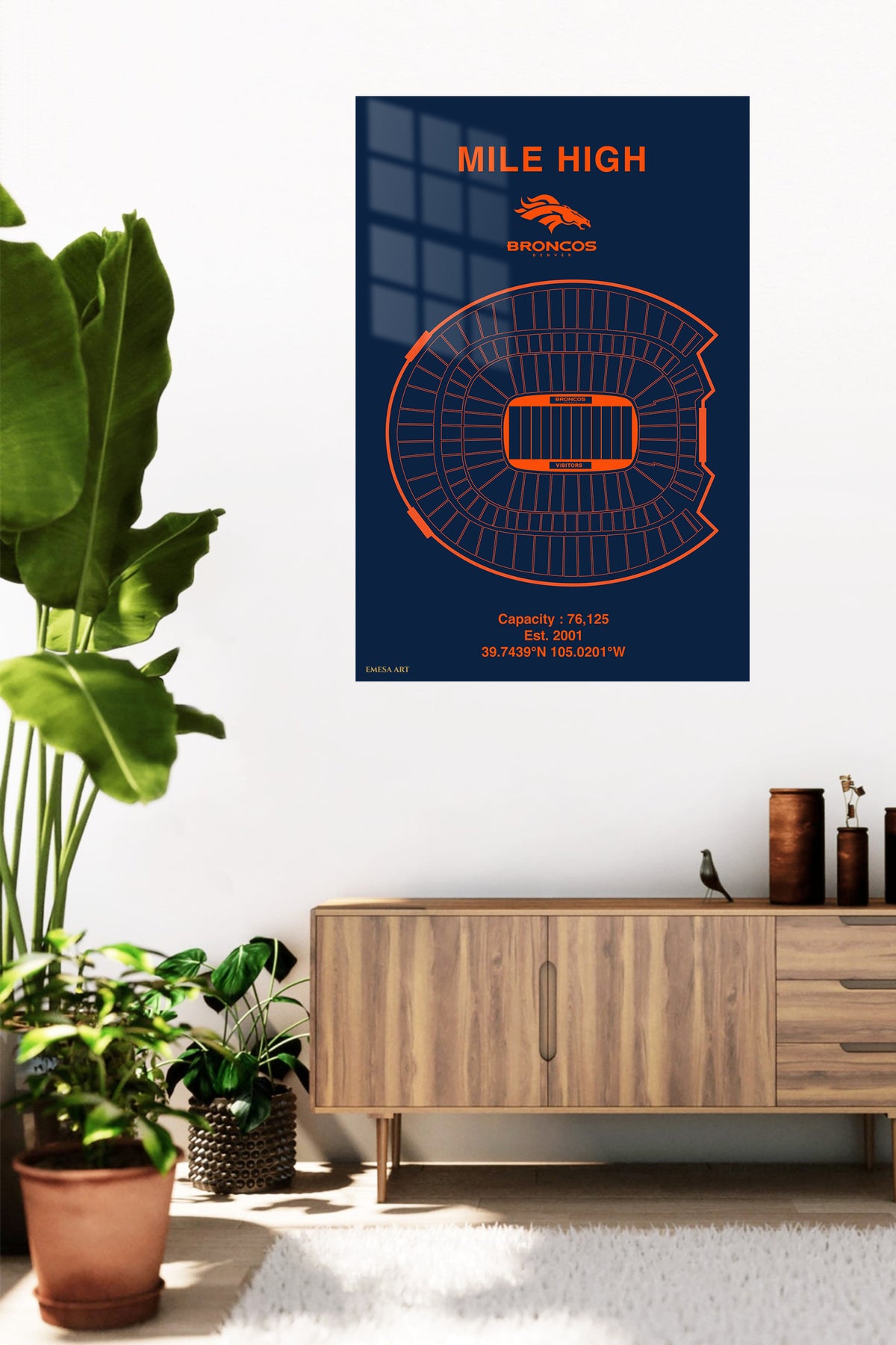 Mile High Broncos Stadium Diagram metal wall art displayed in a contemporary living space