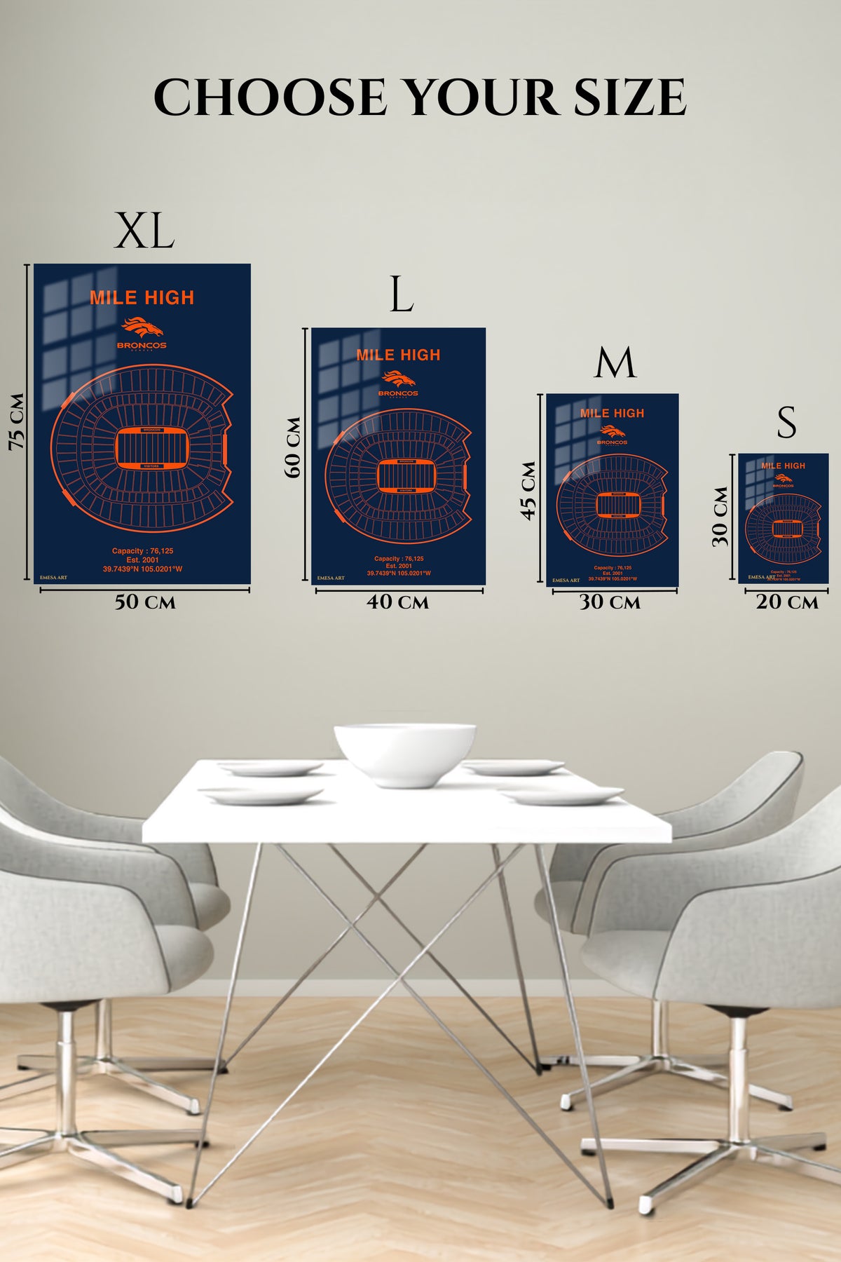 EMESA metal wall art size comparison guide for Mile High Broncos Stadium Diagram
