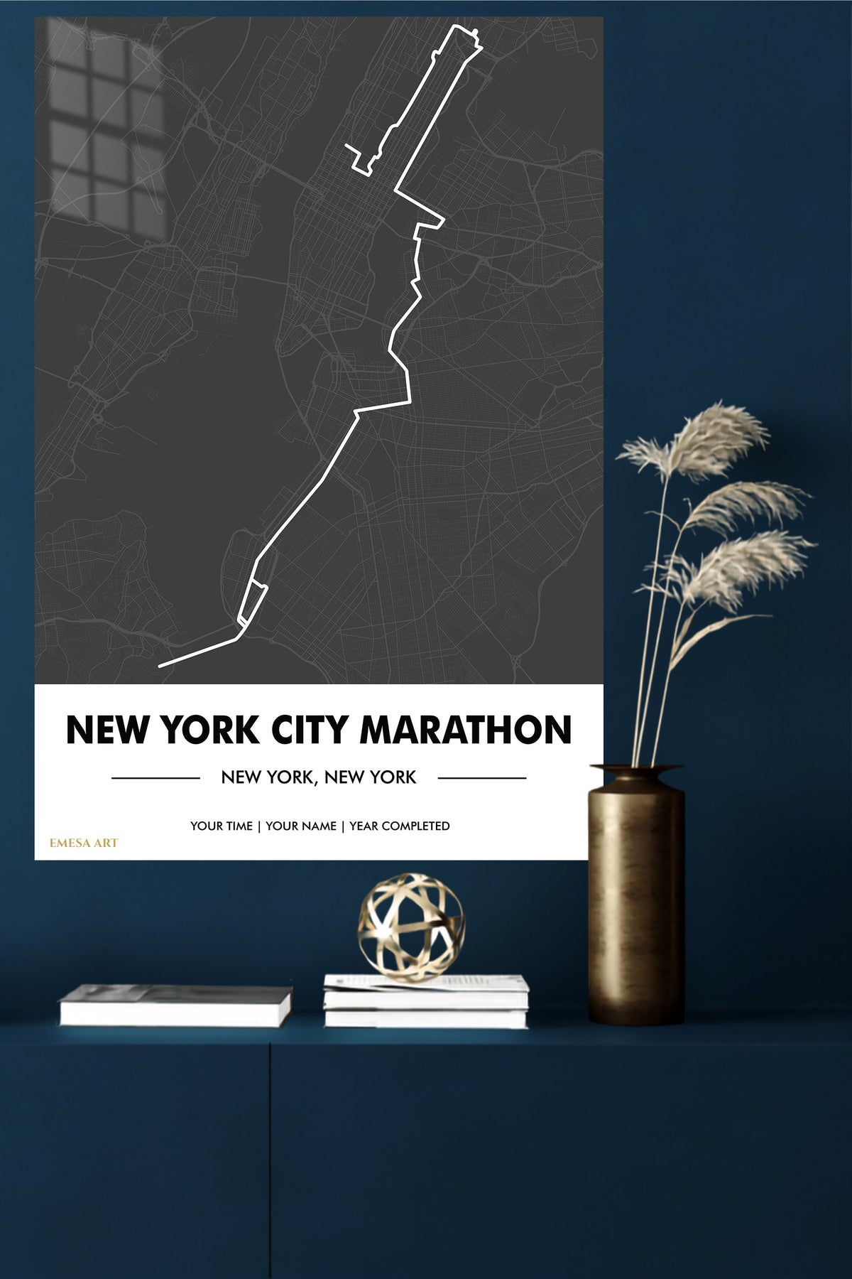 New York City Marathon Route Map metal wall art displayed in a modern interior