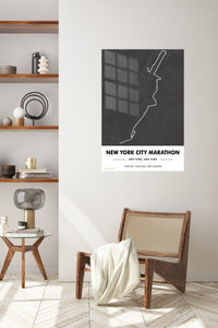 New York City Marathon Route Map metal wall art displayed in a contemporary living space